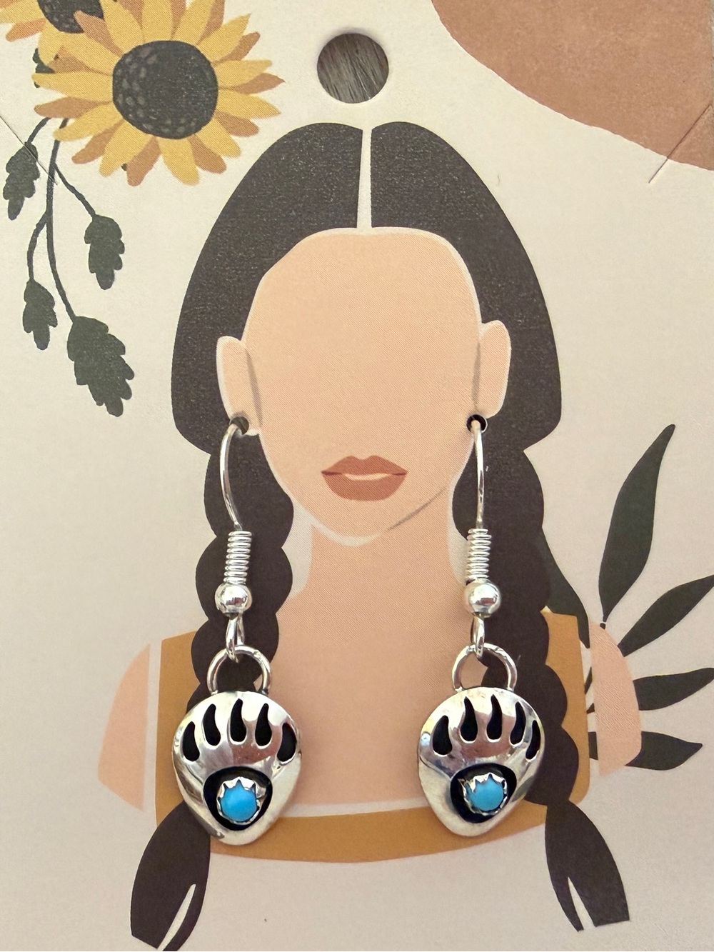 ❤️ Native Made Navajo Bear Paw Turquoise Sterling Silver Dangle Earrings 1.19”L - Picture 9 of 13